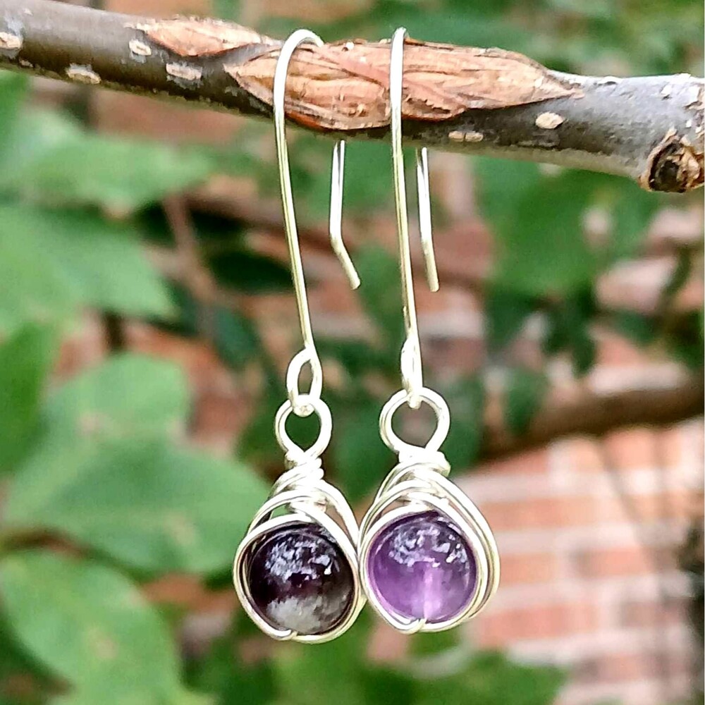 Amethyst Crystal Beaded Dangle Earrings, Wire Wrapped, Silver, Boho Statement